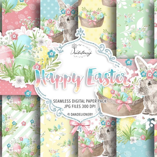 Pack de papier numérique Happy Easter, Jardin, Motif de fleurs, Fleurs dessinées à la main, arc, printemps, floral, feuilles, rose, souffle de bébé, œuf de Pâques