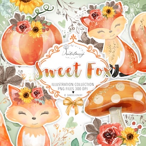 Sweet Fox Fall design, Thanksgiving Stickers, autumn, fall, clip art, leaves, pumpkin clipart, fox, animal, Pumpkin Planner