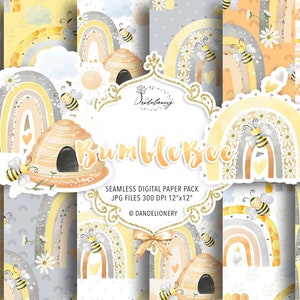 Acquerello Bumble bee digital paper pack, Coccinella, Arcobaleno, ape, foglie, miele, cuore, carino, fiore, vivaio, senza cuciture