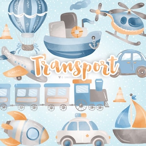 Acuarela Transporte Clipart, niño clipart, guardería, bebé, coche, helicóptero, barco, tren, barco, nave espacial, guardería niño