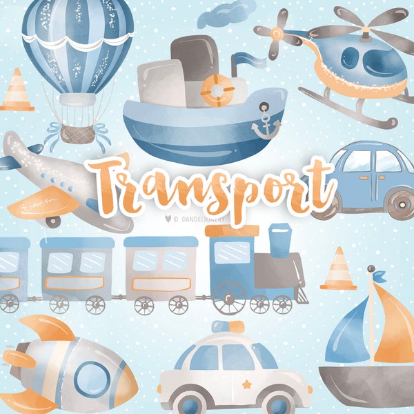 Watercolor Transport Clipart, boy clipart, nursery, baby boy, car, helicopter, ship, train, boat, spacecraft, nursery boy