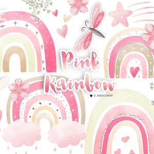 Arco iris rosa, imágenes prediseñadas de arco iris, descarga instantánea, imágenes prediseñadas para bebés, color natural, pastel, sol, lluvia, nube, lluvia, imágenes prediseñadas de guardería