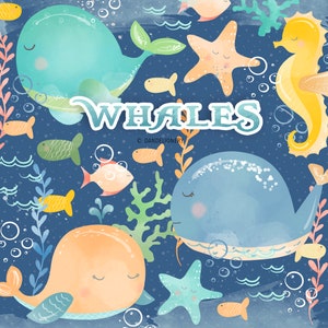 Watercolor Whales design, nursery clipart, sea, boys clipart, sea, ocean, fish, whale, baby clipart, water