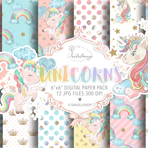 Watercolor Unicorns II. digital paper pack, Rainbow Unicorns Download, Instant Download, Clouds, Hearts, Stars, Crown, glitter