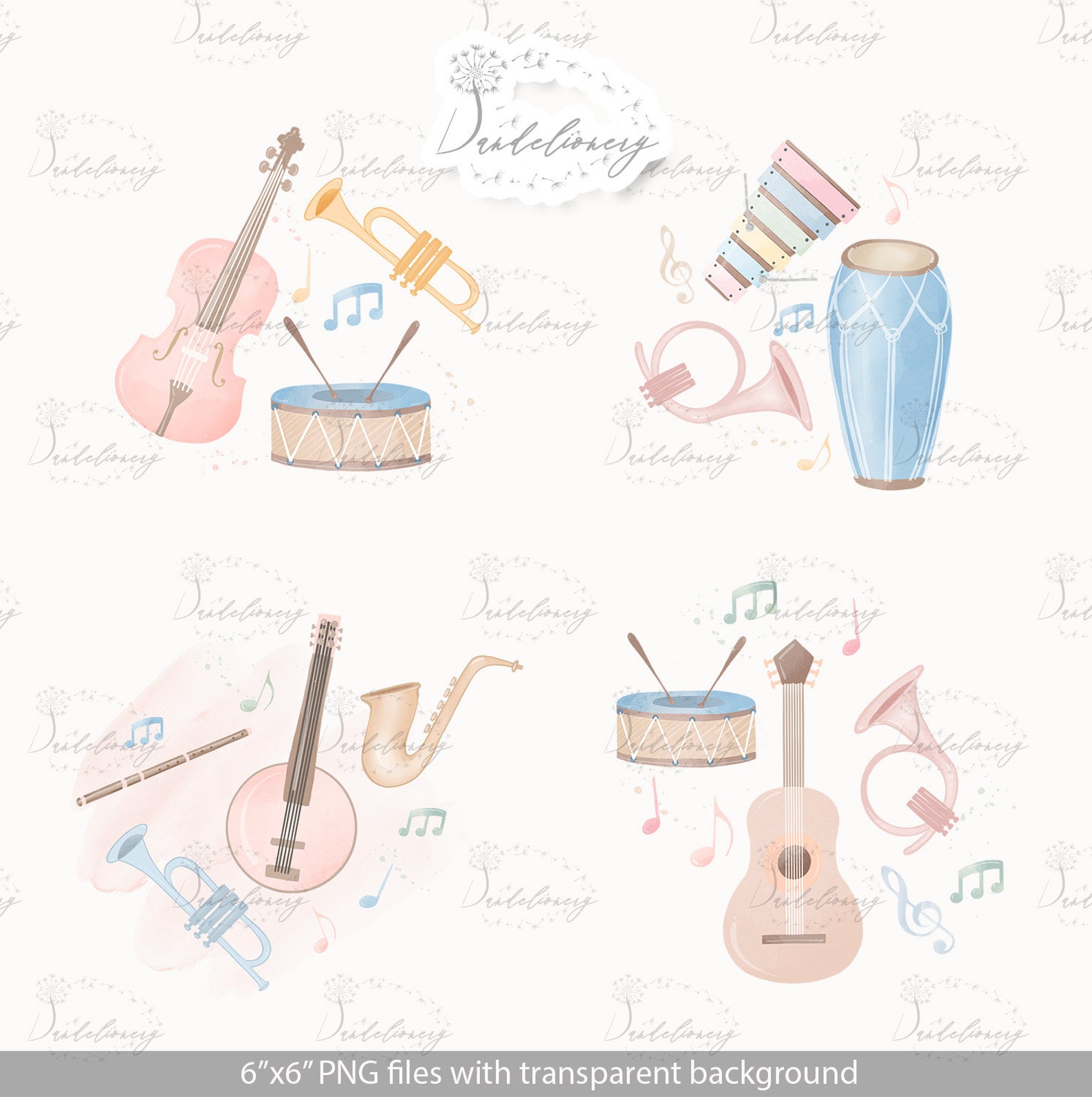 Watercolor Instruments Pastel Color Design, Guitar, Trumpet, Drum ...
