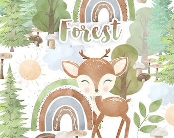 Rainbow Baby Boy Forest design, rainbows clipart, baby clipart, natural color, deer baby, cloud, rainbow, nursery clipart