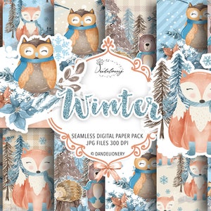 Winter Animals digital paper pack, christmas, branches, christmas, winter mood, snowflakes, holiday, snow, winter, bear, fox, Hedgehog, owl