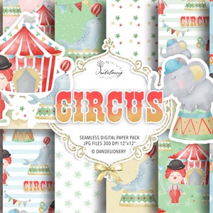 Pacote de papel digital colorido de circo aquarela, padrão de balão, padrão de bebê, palhaço, papel digital de berçário, elefante, tenda de circo