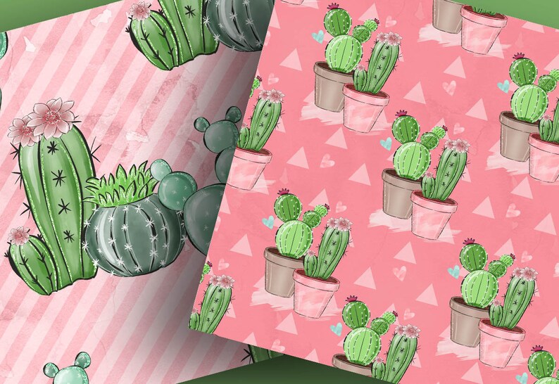 Pack de papier numérique Sweet Cactus, Motif de cactus dessiné à la main, Téléchargement de plantes, Bordure succulente mignonne, plante, fond de fleur image 6