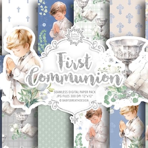 Paquete de papel digital Acuarela Primera Comunión, Acuarela Clipart Primera Comunión para niños, religión, floral, Biblia, Rosario, Cruz, Paloma