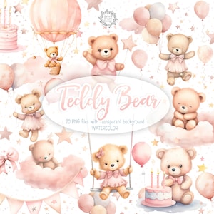 Imágenes Prediseñadas de oso de peluche rubor, osos de peluche soñolientos, oso bebé PNG, paquete de oso de peluche de acuarela lindo, imágenes prediseñadas de baby shower de niño, cumpleaños de rubor