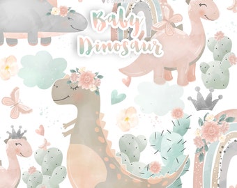 Watercolor Baby Dino Clipart, Rainbow, Baby boy clipart, Baby animal clipart, nursery, Small Commercial Use, cute, girl dino