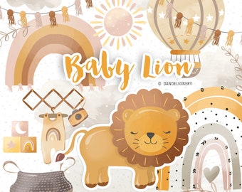 Aquarelle Baby Lion design, arc-en-ciel clipart, baby clipart, couleur naturelle, pastel, soleil, montgolfière, nuage, clipart de pépinière
