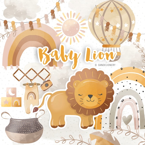 Watercolor Baby Lion design, rainbows clipart, baby clipart, natural color, pastel, sun, hot air balloon, cloud, nursery clipart