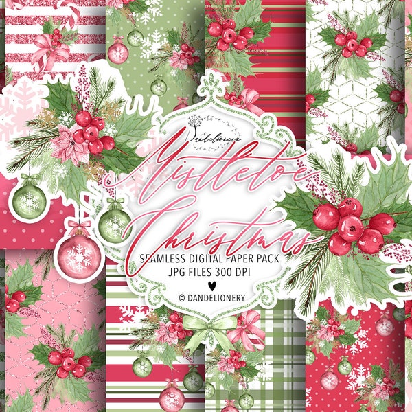 Mistletoe Christmas Winter digital paper pack, christmas, branches, christmas pattern, winter mood, snowflakes, holiday, snow, winter, star