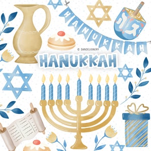 Aquarelle Hanoukka design, Manorah, Hanukkah Clipart, Dreidel, Étoile de David , Torah, Yamaka, Plantes, Floral