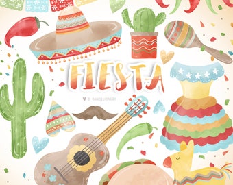 Watercolor Fiesta Clipart, Fiesta,mexican, printable digital clipart set, Mexican Graphic, Mexican Party, , Cinco de Mayo, Mexico Clipart