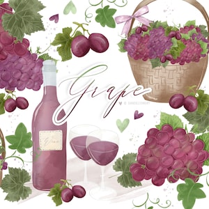 Watercolor Grape design, fruit Clip Art, wine, wine bottle, wine glass, grape clipart, leaves