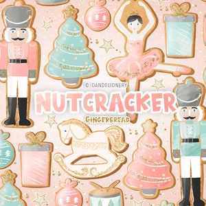Design de pão de gengibre quebra-nozes, casa de pão de gengibre, canela, Natal, clipart de Natal, homem-biscoito, coração, Natal rosa