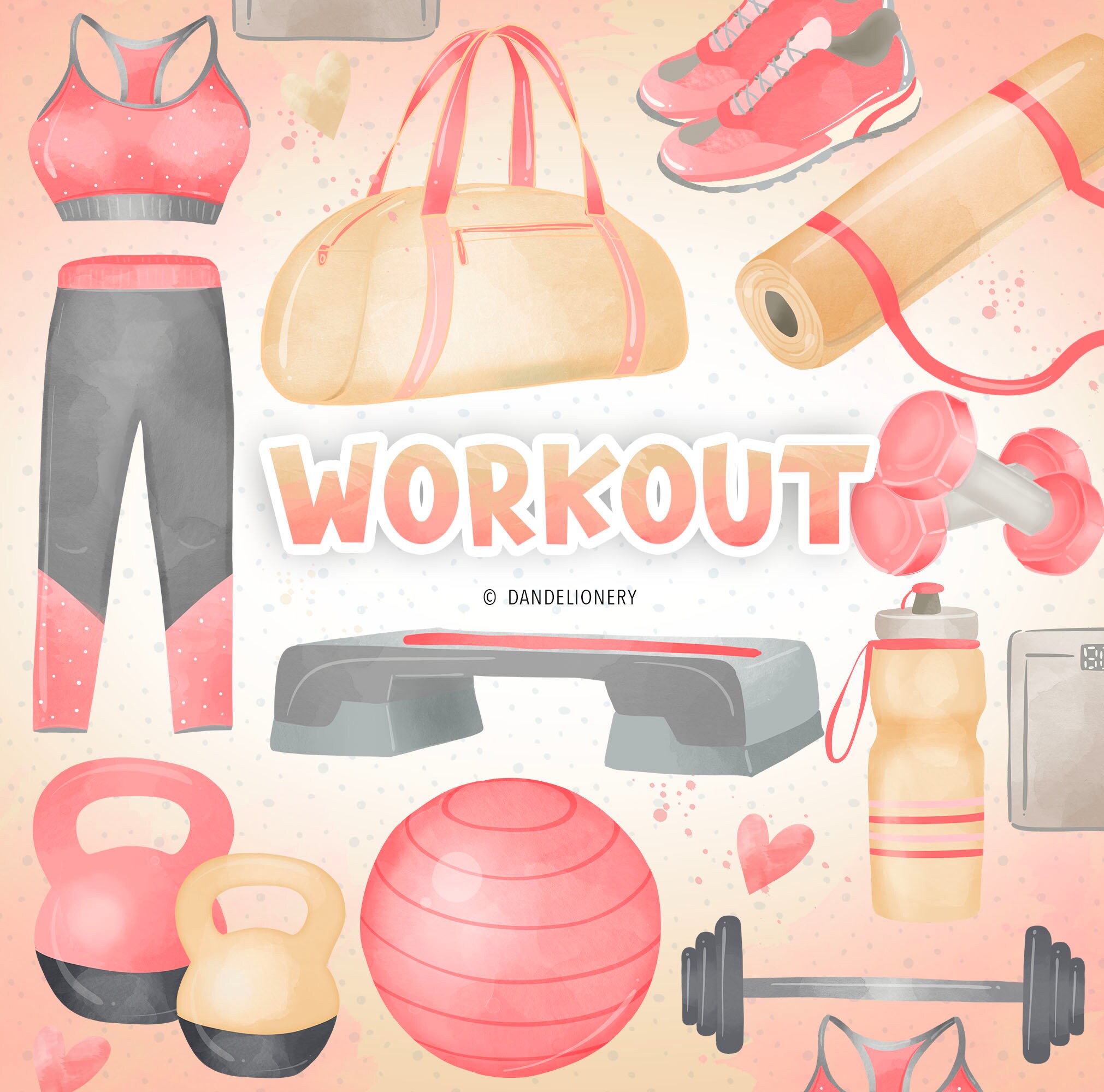 Watercolor Workout Design, Healthy Living, Gym, Weights, Exercise, Weight  Loss, Sport, Clipart 