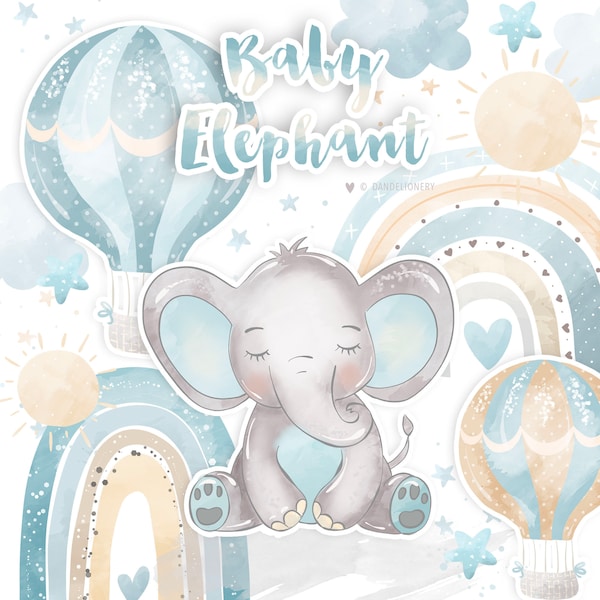 Watercolor Baby Elephant design Boy , rainbows clipart, Instant Download, baby clipart, natural color, pastel, sun, rain, cloud, nursery