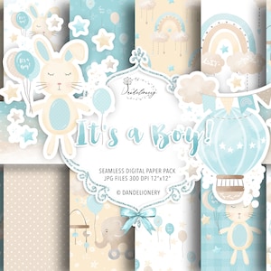Watercolor It's a Boy! digital paper pack, rainbows pattern, baby paper, natural color, pastel, rain, cloud, nursery digital paper