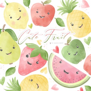 Aquarelle Mignonne Design de fruits, clipart de fruits, clipart de poire, clipart d’ananas, nourriture, clipart de pépinière, pastèque, pomme, kawaii