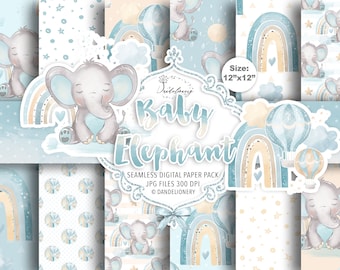 Watercolor Baby Elephant digital paper pack Boy, rainbows digital paper pack, baby, natural color, pastel, sun, rain, cloud, nursery