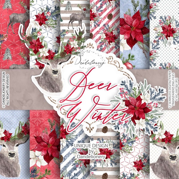 Deer Winter digital paper pack, christmas bouquet, poinsettia, christmas pattern, branch, deer, holiday, xmas, winter, wreath