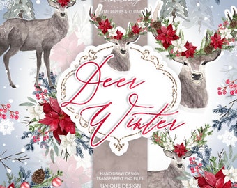 Deer Winter design, christmas bouquet, poinsettia, christmas clip art, branch, deer, holiday, xmas, winter, wreath