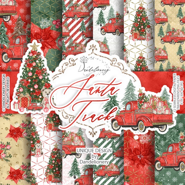 Christmas Car digital paper pack, christmas tree, poinsettia, christmas pattern, green tree, forest, holiday, snow, winter, red truck