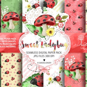 Watercolor Sweet Ladybug digital paper pack, Ladybug Download, Instant Download, Commercial Use, sunflower, leaves, baby&#39;s breath, heart