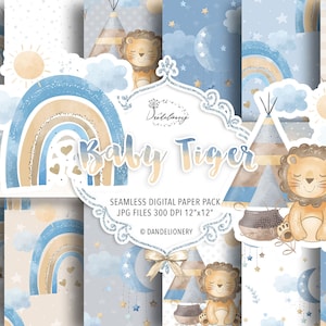 Boho Rainbow Baby Tiger Boy pack papier numérique, motif arc-en-ciel, fond bébé, couleur naturelle, pastel, soleil, nuage, arc-en-ciel, chambre d’enfant