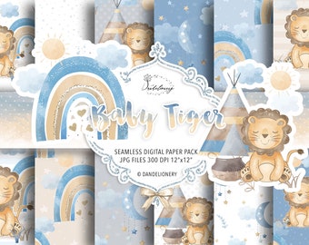 Boho Rainbow Baby Tiger Boy digital paper pack, rainbows pattern, baby background, natural color, pastel, sun, cloud, rainbow, nursery