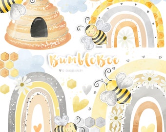 Watercolor Bumble bee Clipart, Ladybug Download, Rainbow, bee, leaves, honey, heart, cute, flower, nursery