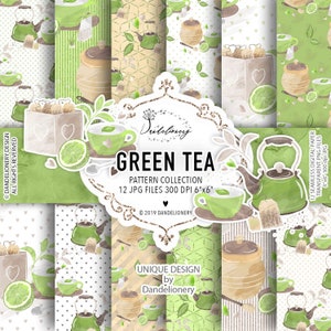Watercolor Green Tea digital paper pack, Leaves, Tea Clip Art, Tea Whisk, Teabag, Lemon, Spoon, tea cup, honey, green tea pattern