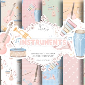 Paquete de papel digital de color pastel de instrumentos de acuarela, guitarra, trompeta, tambor, violín, saxofón, banjo, patrón musical