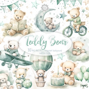 Ours en peluche vert Clipart, ours en peluche endormis, bébé ours PNG, lot d'ours en peluche aquarelle mignon, clipart baby shower, anniversaire beige