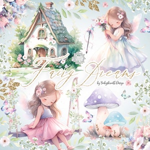 Watercolor Fairy Tale digital design, Fairy clipart, romantic clipart, swing, flower, fairy tale clipart, baby girl, cute girl clipart