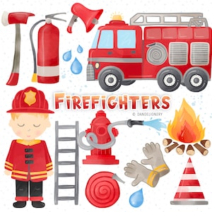 Watercolor Firefighters Clipart , Fire Truck Download, Firemen, Fire, Nursery clipart, ladder image 1