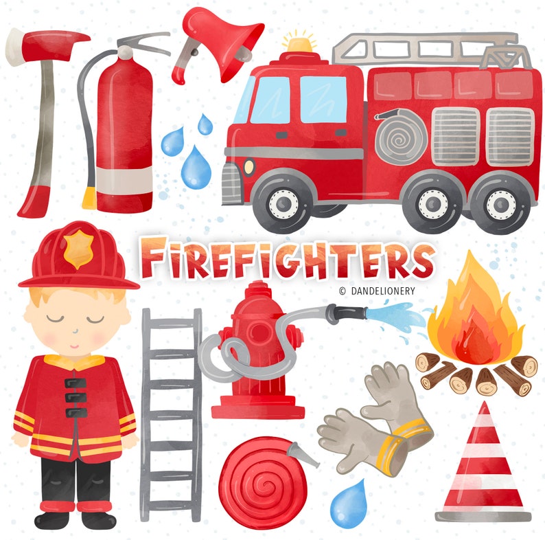 Watercolor Firefighters Clipart , Fire Truck Download, Firemen, Fire, Nursery clipart, ladder image 1