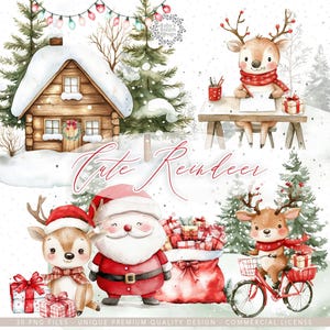 Acquerello Carino renna Clipart bundle, Renna di Babbo Natale png, Casa di Natale, Babbo Natale Rudolph, T-shirt Design PNG, Babbo Natale, cervo