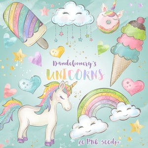 Watercolor Unicorns Clipart, Rainbow Unicorns Download, Instant Download, Clouds, Hearts, Stars, Donut, Ice Cream