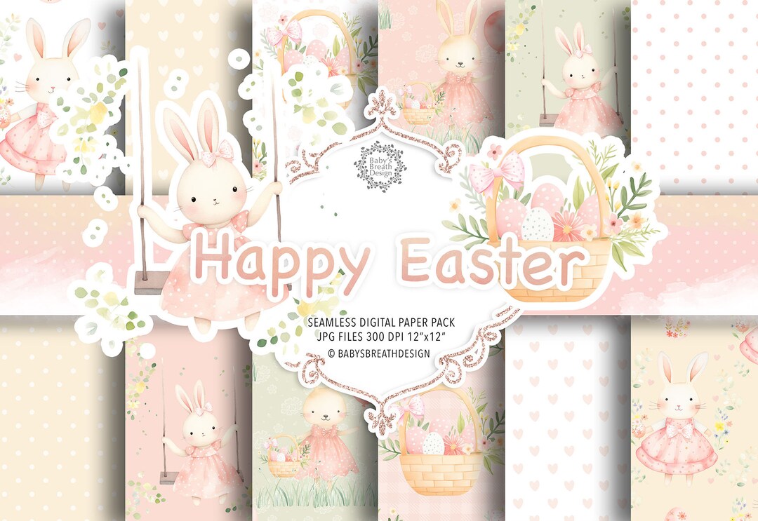 Watercolor Happy Easter Digital Paper Pack, Spring Pattern, Romantic ...