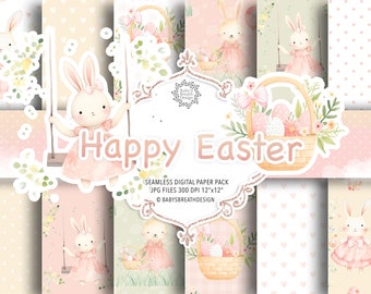 Watercolor Happy Easter digital paper pack, spring pattern, romantic pattern, easter eggs, easter bunny, pink flower, flower basket