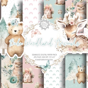 Boho Woodland seamless digital paper pack, Cute Woodland Animals, Baby Animals, Woodland Baby Shower, Woodland Nursery, Boho Forest Animals