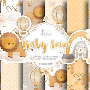 Acquerello Baby Lion pacchetto di carta digitale, motivo arcobaleno, carta per bambini, colore naturale, pastello, sole, mongolfiera, nuvola, modello vivaio