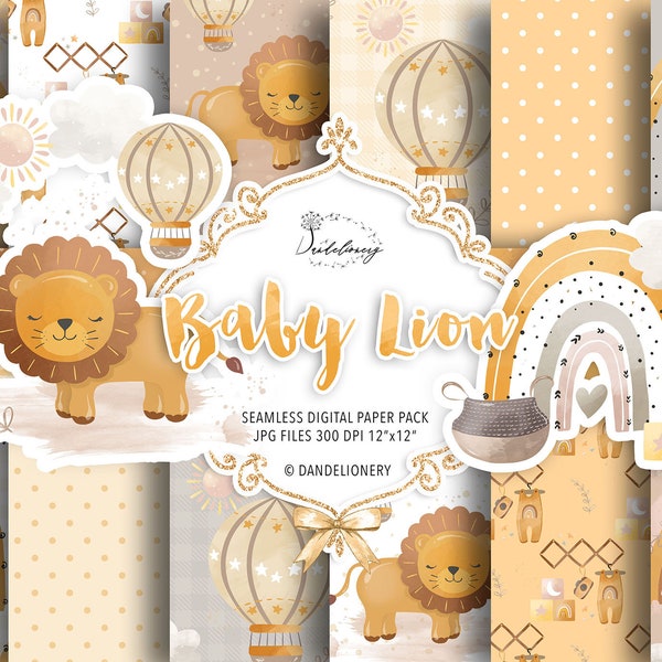 Watercolor Baby Lion digital paper pack, rainbows pattern, baby paper, natural color, pastel, sun, hot air balloon, cloud, nursery pattern