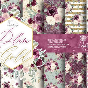 Watercolor Plum and Gold digital paper pack, Garden, Flower pattern,Flowers, Peony, roses, floral, leaves, bouquet, roses, seamless