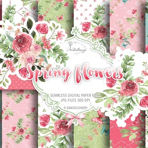 Acquerello Fiori primaverili confezione di carta digitale, Giardino, Motivo floreale, Fiori disegnati a mano, Peonia, rose, floreali, foglie, bouquet, rose